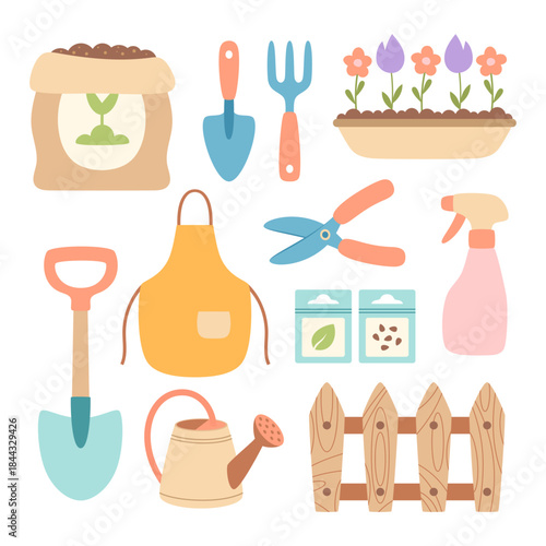 set of gardening items in cartoon style, various garden tools for spring work, growing plants, flowers and herbs, seedling, flat vector illustration