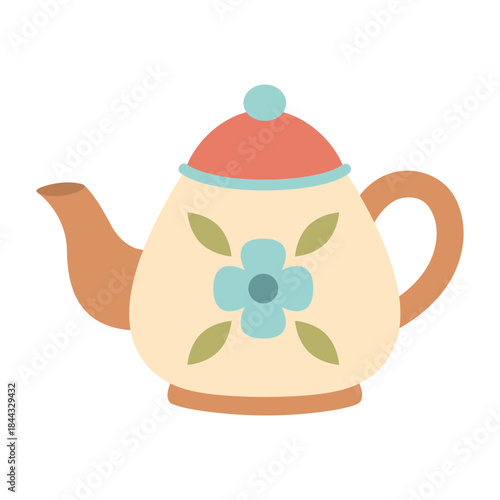 teapot in cartoon style, flat vector illustration isolated on white background, cozy home theme