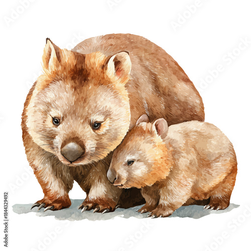 Wombat With Its Baby, watercolor painting, vector illustration, isolated on a white background.
