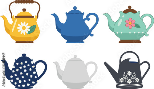 Colorful decorative teapot and watering can vector set featuring floral patterns, vintage kitchenware designs, and charming retro style elements for creative projects.