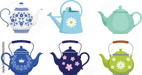 Floral teapot clipart set with blue porcelain designs, daisy watering can, vintage kettle illustrations, pastel tea pots, printable kitchen decor graphics for crafting