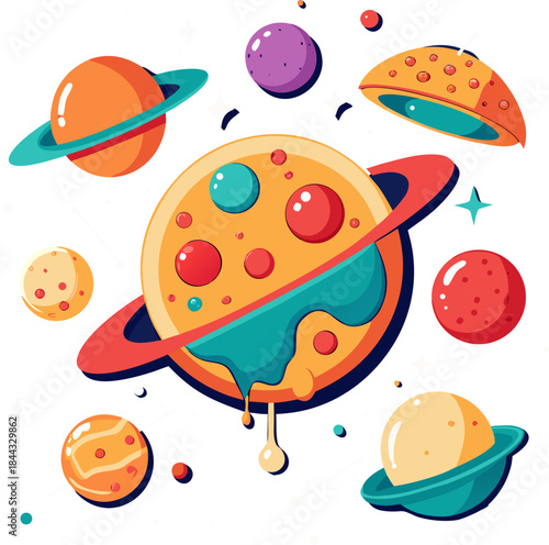 Flying Pepperoni Slices Around a Pizza Planet – A whimsical space-themed pizza illustration with pepperoni moons orbiting