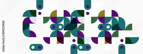 Abstract geometric shapes, circles, squares, purple, green hues. Minimalist design, modern aesthetic, simple composition. Clean lines, flat illustration.