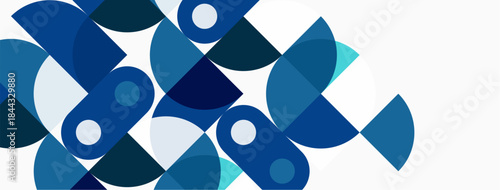 Abstract geometric shapes, varying blues, whites create modern pattern. Minimalist design, clean lines suggest digital art.