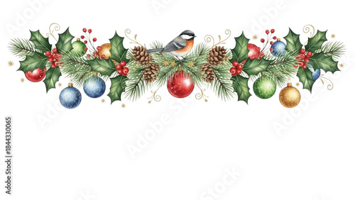 Christmas Border Garland with Holly Leaves, Pine Branches, Baubles, Gold Accents and Winter Bird