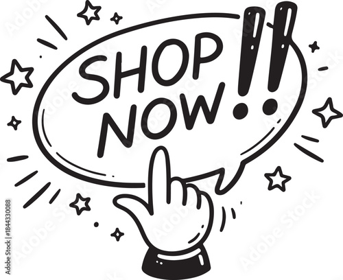 shop now doodle button with a click pointer. Sketch drawing of a web site and cell phone interface. Online shop freehand  black and white line art vectior art