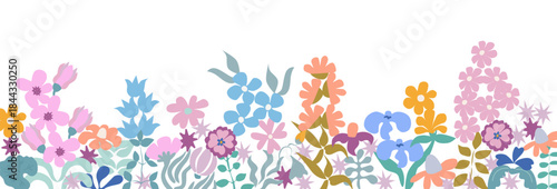 Delicate flat vector border featuring primitive line art flowers in pastel colors. A unique strip perfect for adding a handmade touch to stationery or digital projects.