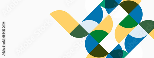 Abstract geometric shapes overlap, creating vibrant composition. Colors include blue, green, yellow, white. Modern design element.