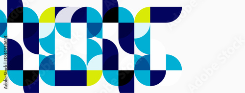 Abstract geometric pattern. Circles, rectangles overlap creating complex visual texture. Blue, yellow hues dominate design. Modern aesthetic.