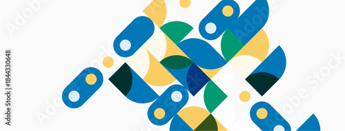 Abstract geometric shapes overlap, creating colorful pattern. Blue, green, yellow tones dominate composition. Modern design elements present.