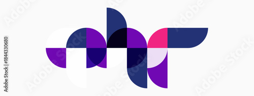 Abstract geometric shapes overlap, creating dynamic composition. Purple, indigo hues dominate white background. Modern design element.