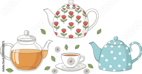 Cute floral teapots and daisy teacup illustration set featuring polka dots, glass teapot, leaves, and cozy tea elements for crafting, decor, and digital design projects