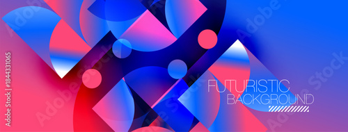 Abstract vibrant design. Geometric shapes blend with pink, blue gradients. Modern aesthetic, dynamic composition, digital illustration.