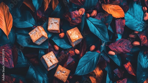 Fried tofu cubes with peanuts and leaves in artistic arrangement