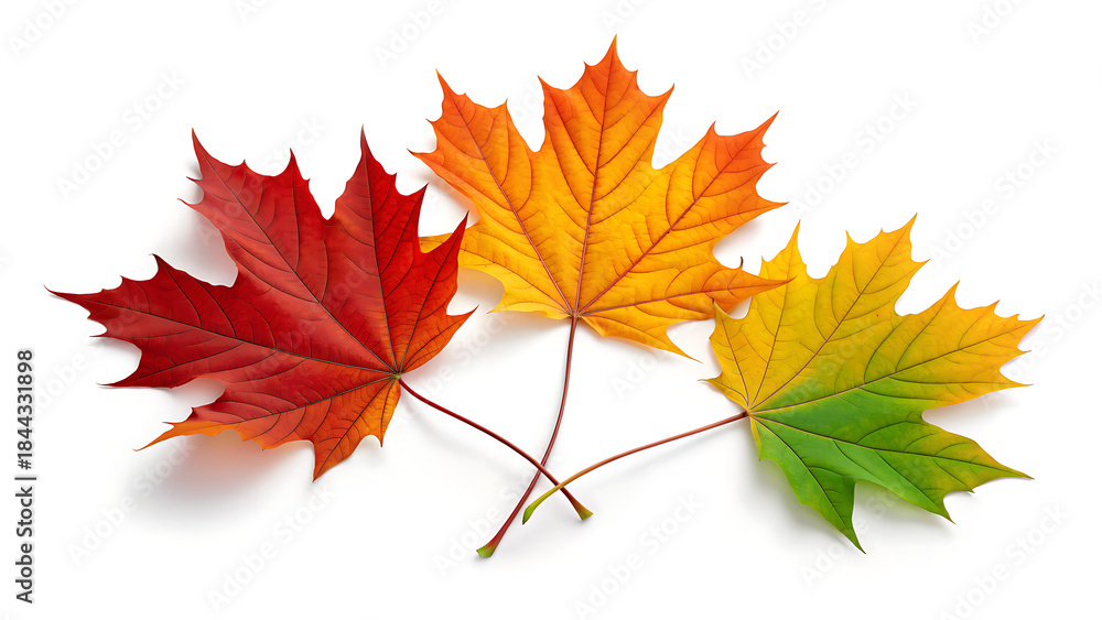Fototapeta premium Three maple leaves in autumn colors red, orange, and green, isolated on white background