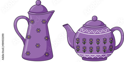 Purple floral teapot and matching pitcher illustration with decorative flower patterns, whimsical kitchenware clipart ideal for crafts, packaging, digital design, home décor and print