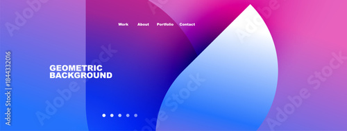 Abstract geometric background. Blue, purple gradients dominate design. Navigation menu present, dots indicate sections. Minimalist aesthetic.