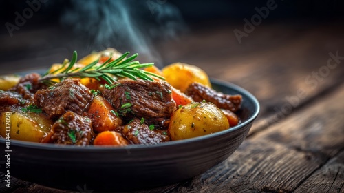 Wallpaper Mural A black bowl of meat and vegetables with a lot of steam coming from it Torontodigital.ca