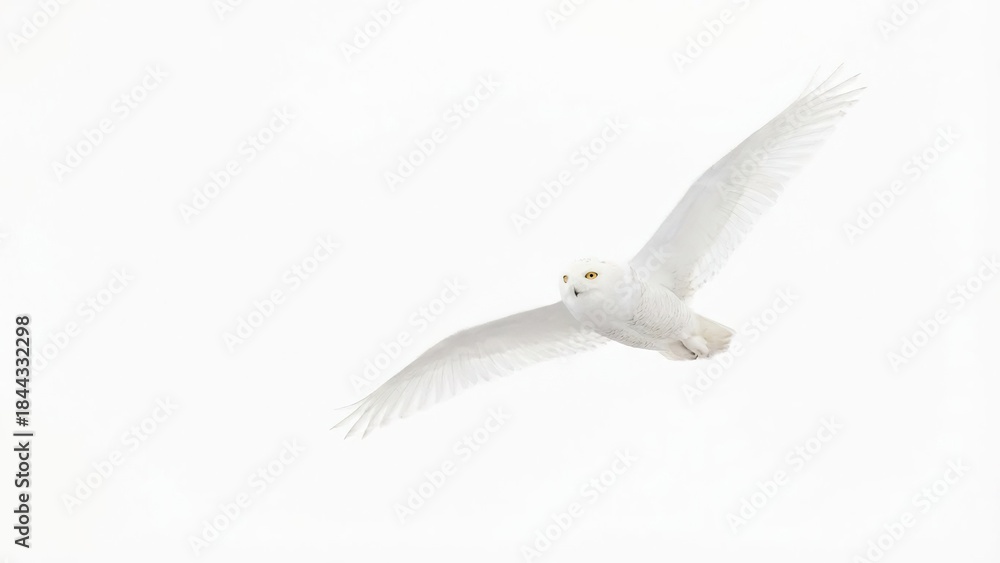 Fototapeta premium Magnificent snowy owl soaring gracefully with wings spread against a pristine white background.
