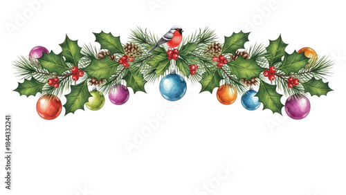 Christmas Border Garland with Holly Leaves, Pine Branches, Baubles and Winter Bird