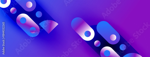 Abstract vibrant shapes overlap, creating dynamic purple, blue gradients. Modern design suggests technology, innovation, fluidity.