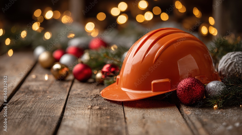Naklejka premium An orange hard hat surrounded by holiday decor on weathered wooden planks.