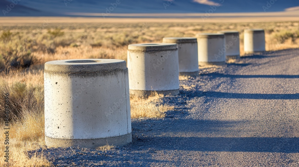 Naklejka premium Concrete Anti Tank Obstacles on a Road in a Rural Landscape