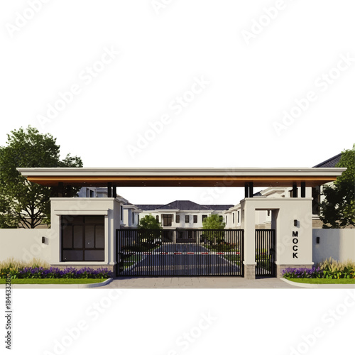 Gated Community Entrance with Modern Architecture and Lush Greenery