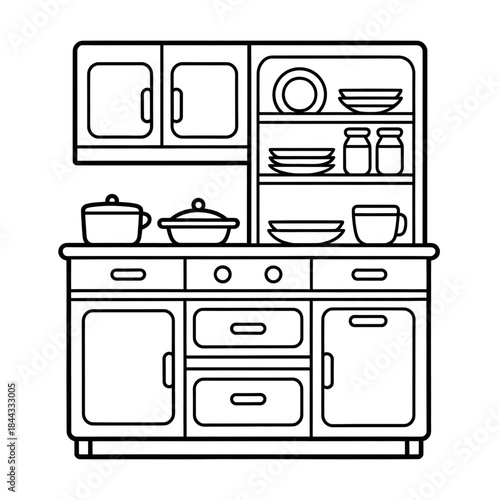 A line art kitchen cabinet illustration vector style coloring book 