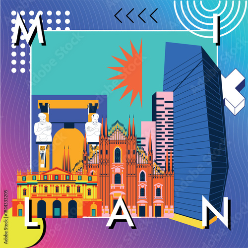 Typography word Milan branding technology concept. Collection of flat vector web icons. Italy culture travel set, famous architectures, specialties detailed silhouette. Italian Memphis famous landmark