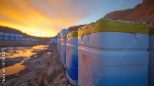 Plastic Jerrycans Filled with Water on the Beach at Sunset
