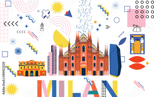 Typography word Milan branding technology concept. Collection of flat vector web icons. Italy culture travel set, famous architectures, specialties detailed silhouette. Italian Memphis famous landmark