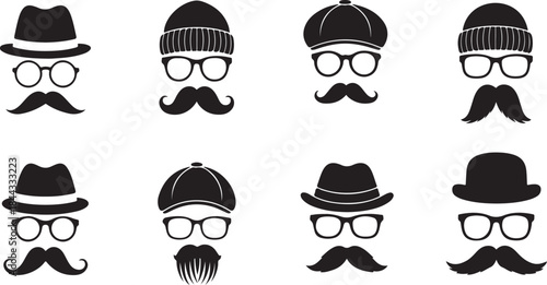 Vintage black vector icon set of hats and accessories with mustache and glasses in retro hipster gentleman style