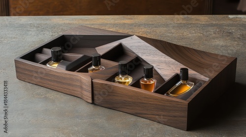 Perfumes displayed on a dark wooden shelf in a modern setting