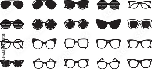 Sunglass silhouette icon set. Men glasses. Sun glasses hipster frame set, fashion black plastic rims. Vector illustration.