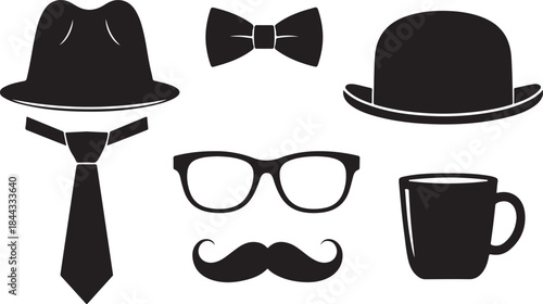 A vector illustration collection of hipster mustaches with glasses and hats in a vintage gentleman style