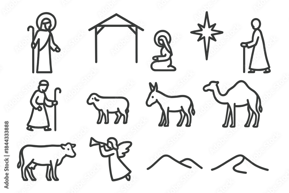 Fototapeta premium Nativity Scene Icons. Christmas nativity scene silhouette. Line outline icon set of Christmas nativity scene
