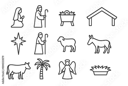 Nativity Silhouette Icons. Christmas nativity scene silhouette. Line outline icon set of Christmas nativity