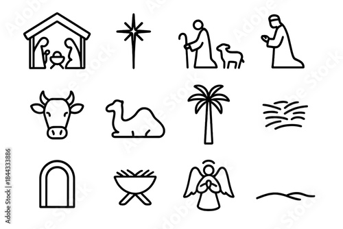 Nativity Silhouette Icons. Christmas nativity scene silhouette. Line outline icon set of Christmas nativity