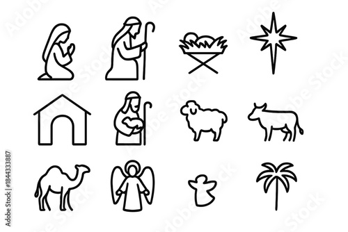 Nativity Silhouette Icons. Christmas nativity scene silhouette. Line outline icon set of Christmas nativity