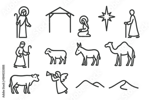 Nativity Scene Icons. Christmas nativity scene silhouette. Line outline icon set of Christmas nativity scene