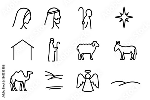 Nativity Silhouette Icons. Christmas nativity scene silhouette. Line outline icon set of Christmas nativity