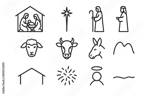 Nativity Silhouette Icons. Christmas nativity scene silhouette. Line outline icon set of Christmas nativity