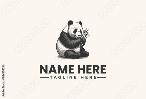 A black and white illustration of a panda sitting with a bamboo stalk, accompanied by placeholder text for a logo or brand name on a plain background, in a vector style.
