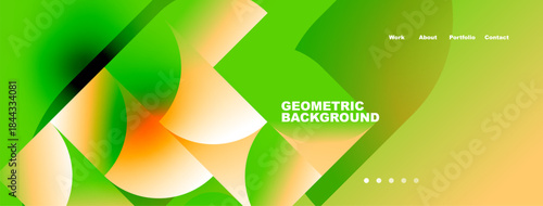 Abstract geometric shapes blend vibrant colors. Gradient background creates modern visual appeal. Text elements present portfolio information.