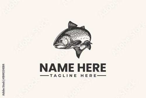 Black and white illustration of a fish logo with a customizable name and tagline on a plain background