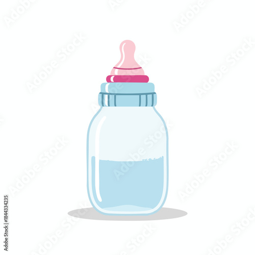 A baby bottle with a pink nipple, filled with a blue liquid, on a white background