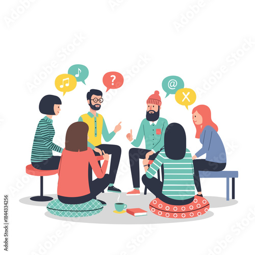 A group of people in a circle with conversation bubbles, coffee, & a book