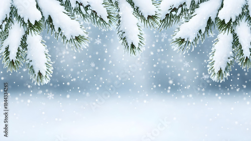 Beautiful winter landscape with snow-covered pine branches and gently falling snowflakes against a soft, ethereal blue backdrop, creating a serene festive scene