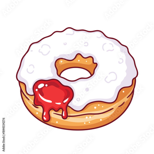 Cartoon donut with white frosting, a red glaze, and a hole in the middle